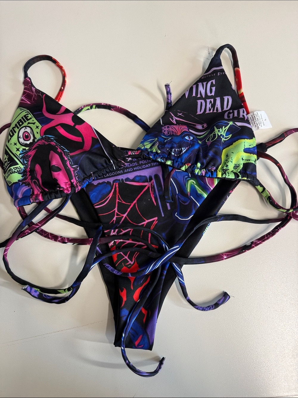 Neon Graphic Black String Bikini Top and Bottom - Vibrant Multi-Color Print